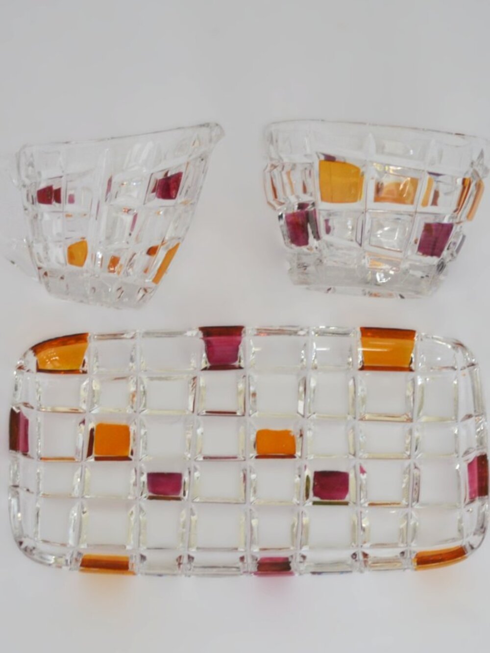 Vintage Glass Cream and Sugar Set with Tray Multicolor Accents